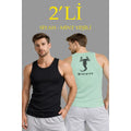 Erkek Spor Fitilli Atlet 2li Set Siyah Ve Mint Yeşili Slim Fit Kaşkorse Arka Baskılı Spor Atlet
