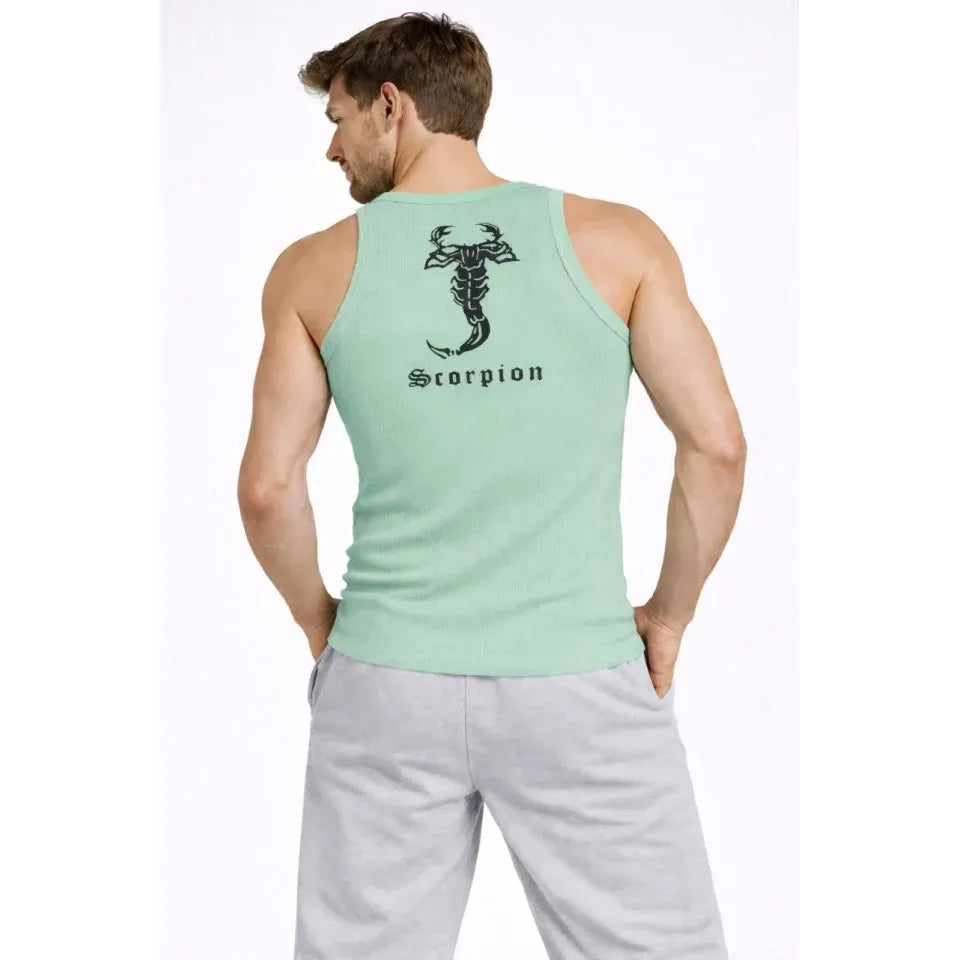Erkek Spor Fitilli Atlet 2li Set Siyah Ve Mint Yeşili Slim Fit Kaşkorse Arka Baskılı Spor Atlet