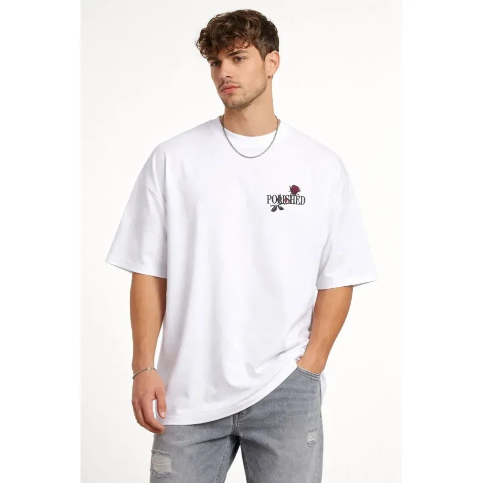 Erkek Bisiklet Yaka Baskılı Kısa Kollu Tişört Streetwear Günlük Basic Pamuklu T-shirt - Beyaz