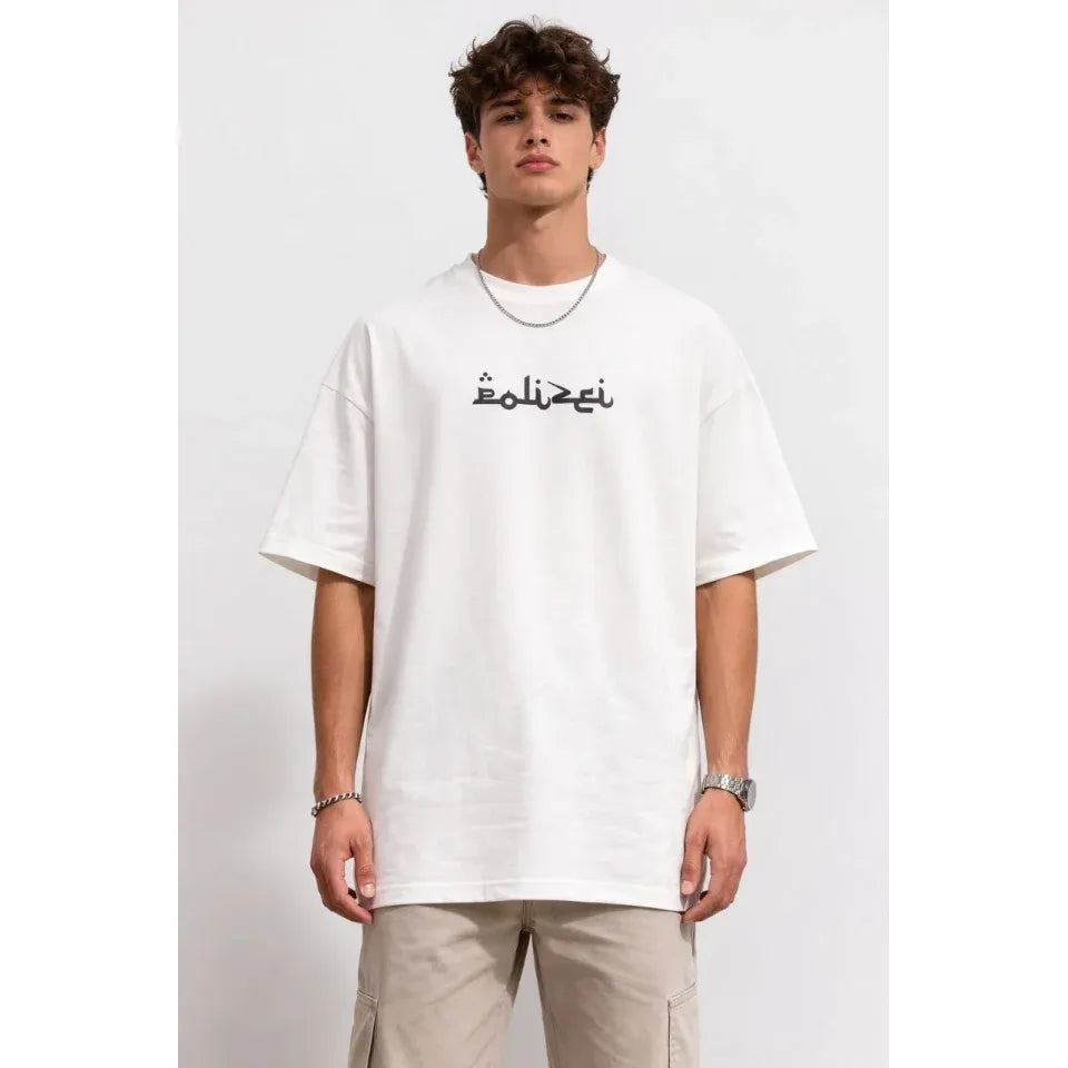 Erkek Bisiklet Yaka Baskılı Kısa Kollu Tişört Streetwear Günlük Basic Pamuklu T-shirt - Beyaz