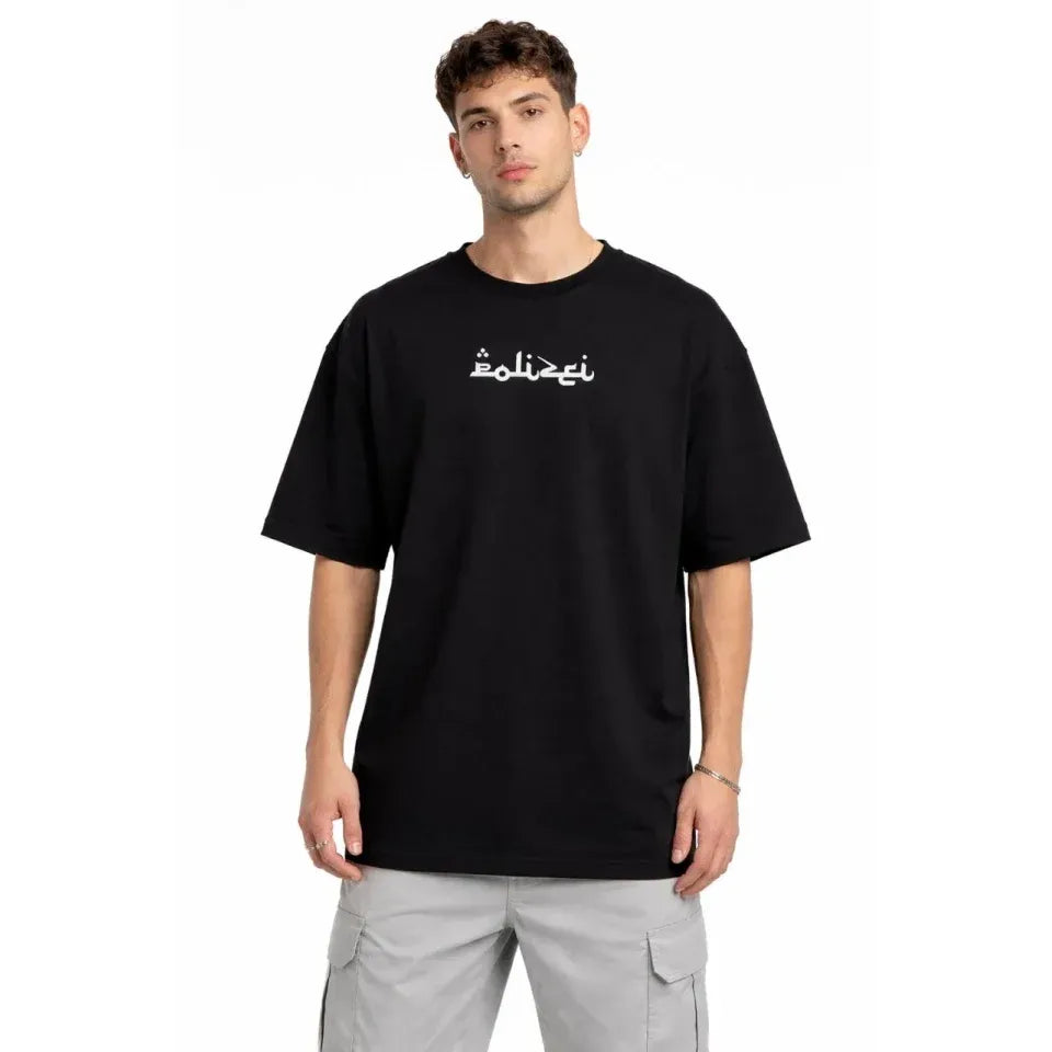 Erkek Bisiklet Yaka Baskılı Kısa Kollu Tişört Streetwear Günlük Basic Pamuklu T-shirt - Siyah