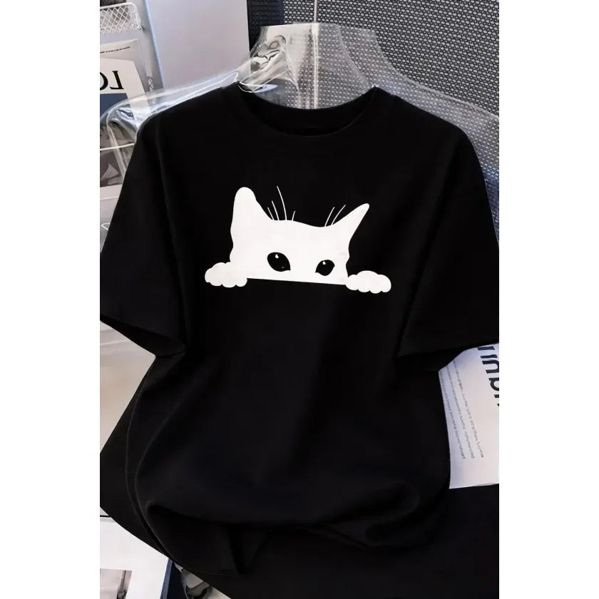 Kadınlar Için Siyah Kedi Grafik Tişört - Oversize Kısa Kollu Üst Nefes Alabilir - Siyah