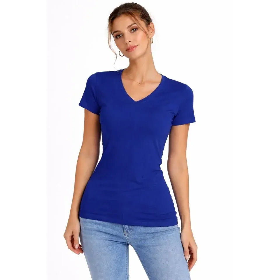 2li V Yaka Tişört – Kısa Kollu Yazlık Slim Fit Body - Saks Mavisi - Ekru