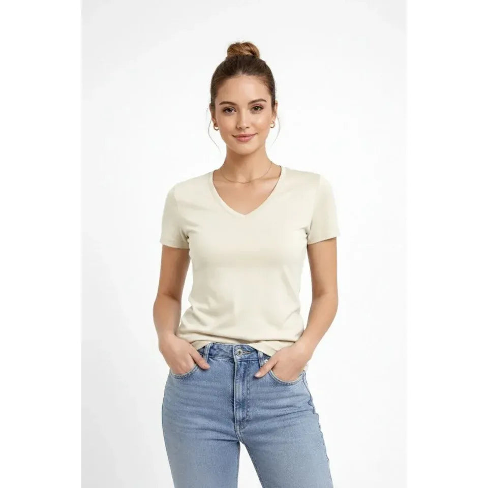 2li V Yaka Tişört – Kısa Kollu Yazlık Slim Fit Body - Saks Mavisi - Ekru