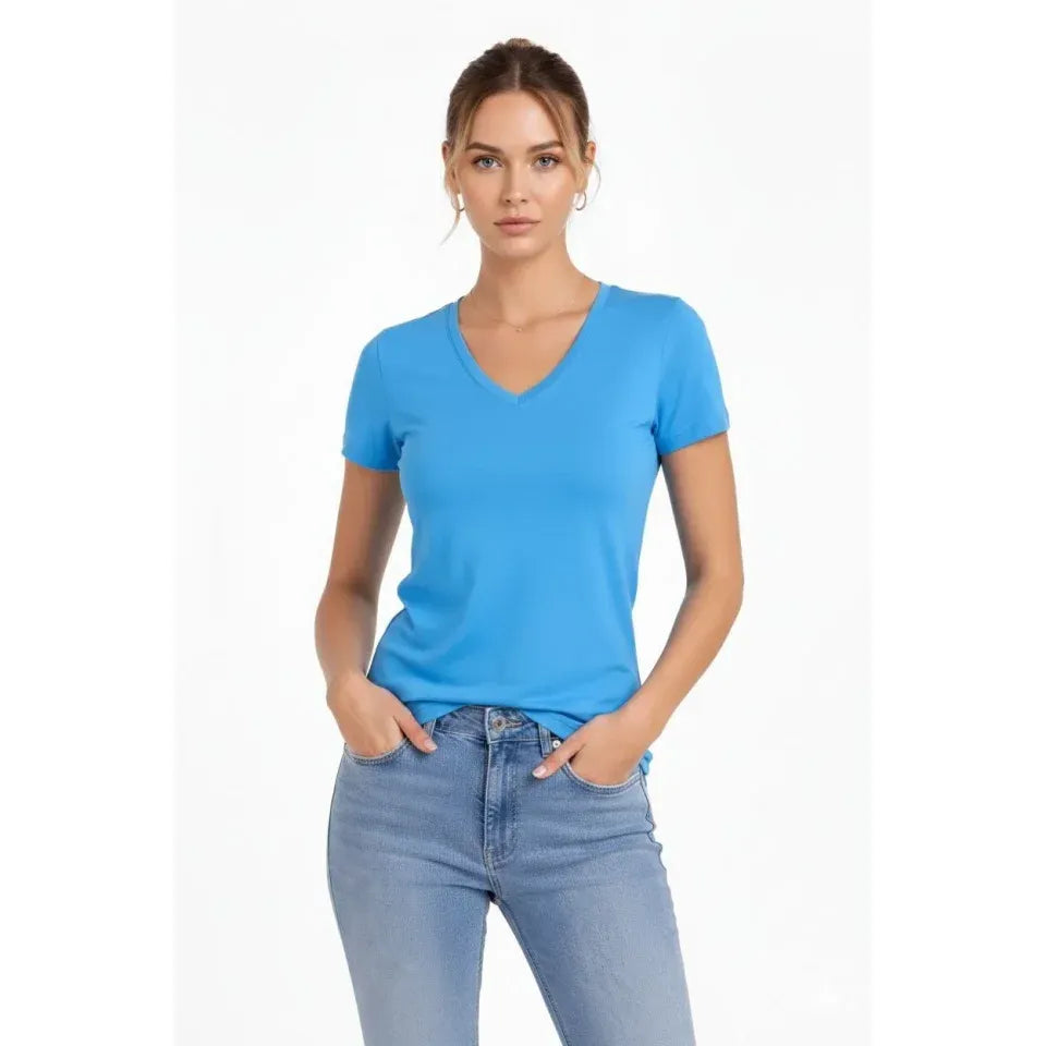 3lü V Yaka Tişört – Kısa Kollu Yazlık Slim Fit Body - Pembe, Açık Mavi, Ekru