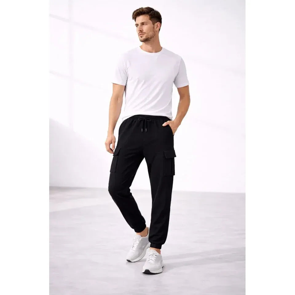 Erkek Jogger Eşofman Altı Regular Fit , Kargo Cepli, Lastikli Paça, Günlük Spor Pantolon - Siyah