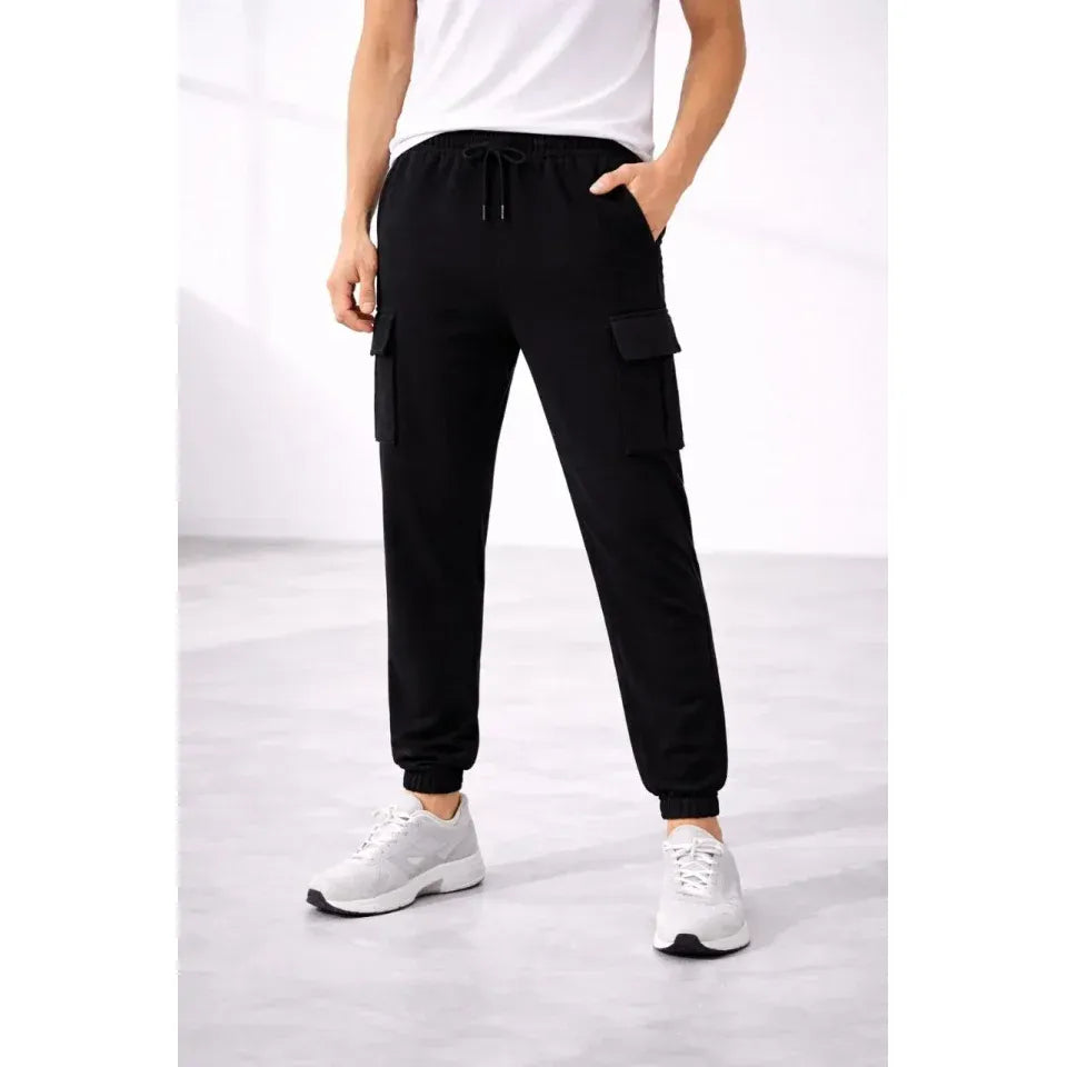 Erkek Jogger Eşofman Altı Regular Fit , Kargo Cepli, Lastikli Paça, Günlük Spor Pantolon - Siyah