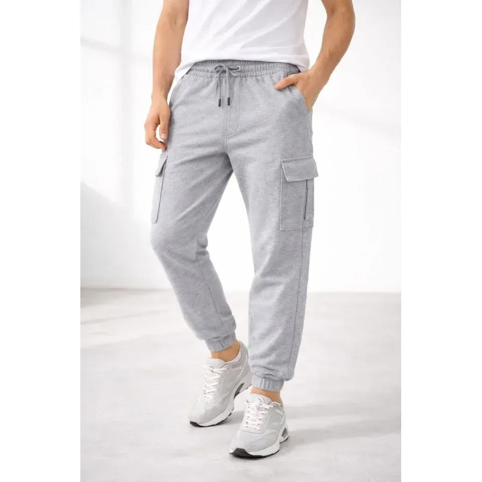 Erkek Jogger Eşofman Altı Regular Fit , Kargo Cepli, Lastikli Paça, Günlük Spor Pantolon - Gri