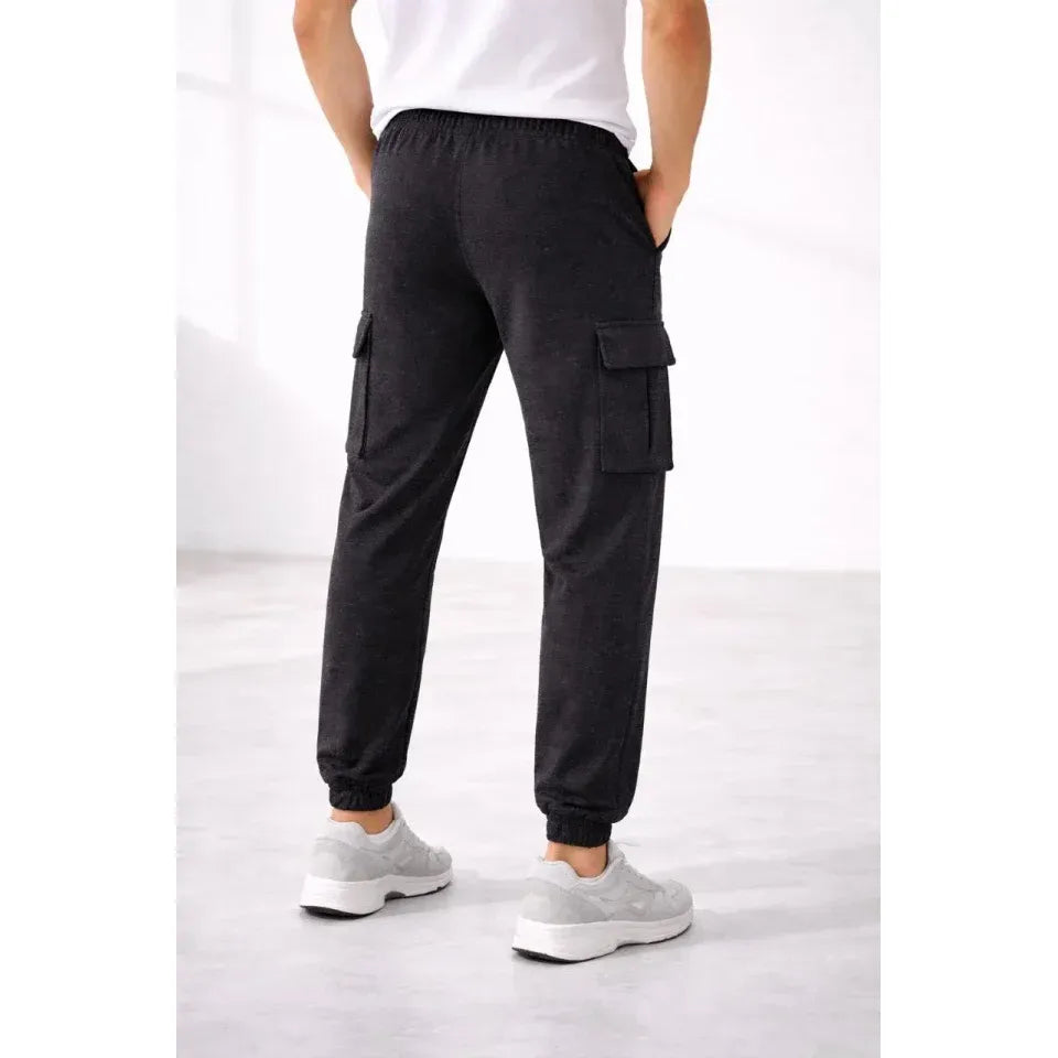 Erkek Jogger Eşofman Altı Regular Fit , Kargo Cepli, Lastikli Paça, Günlük Spor Pantolon - Füme