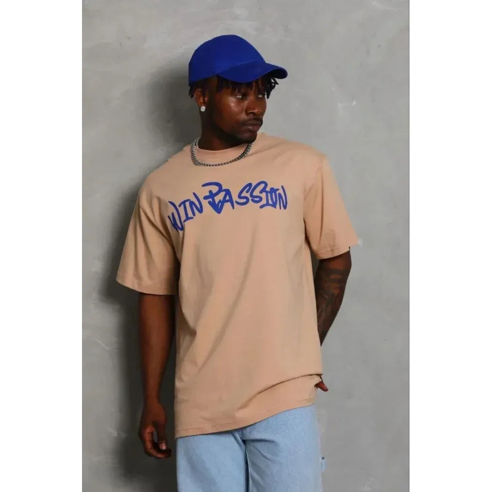 Erkek Baskılı T-Shirt Kısa Kol Bisiklet Yaka Regular Fit Rahat Kalıp Günlük Tişört - Bej