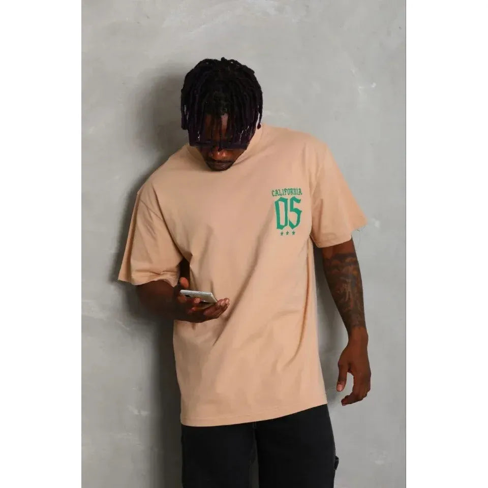 Erkek Baskılı T-Shirt Kısa Kol Bisiklet Yaka Regular Fit Rahat Kalıp Günlük Tişört - Bej
