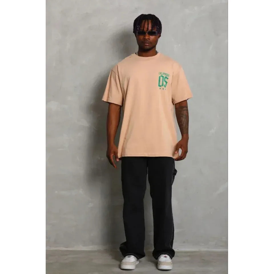 Erkek Baskılı T-Shirt Kısa Kol Bisiklet Yaka Regular Fit Rahat Kalıp Günlük Tişört - Bej