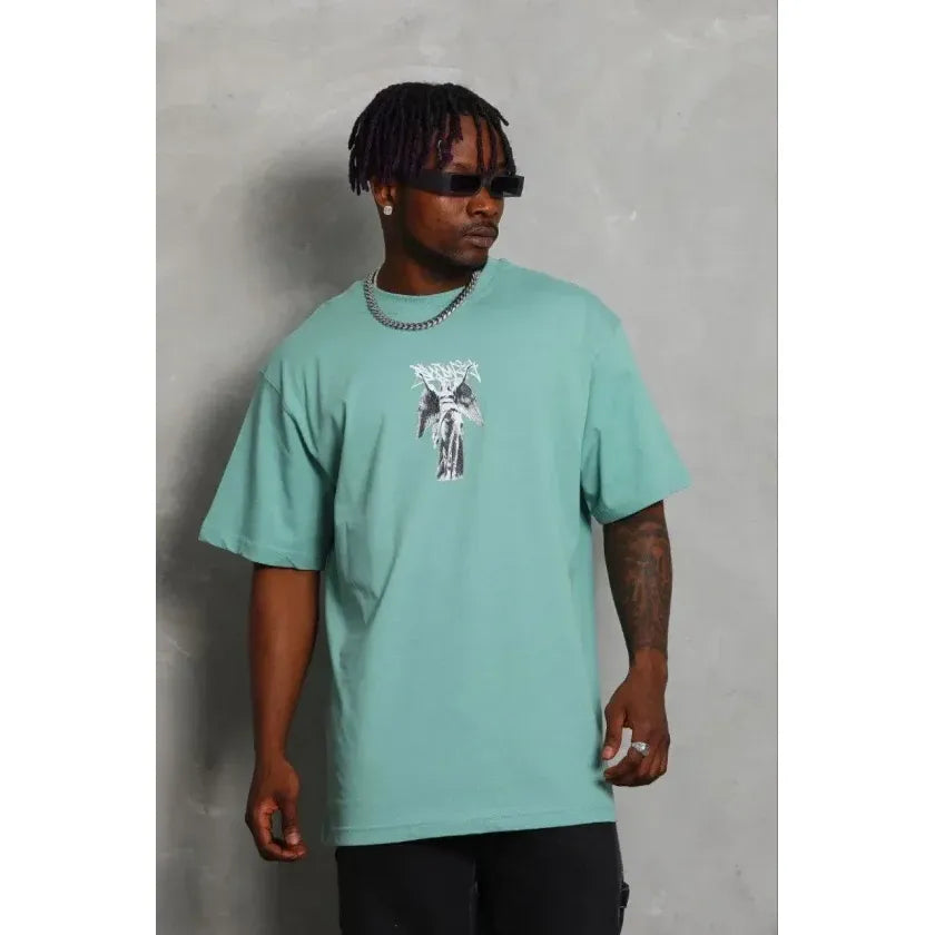 Erkek Baskılı T-Shirt Kısa Kol Bisiklet Yaka Regular Fit Rahat Kalıp Günlük Tişört - Mint Yeşili