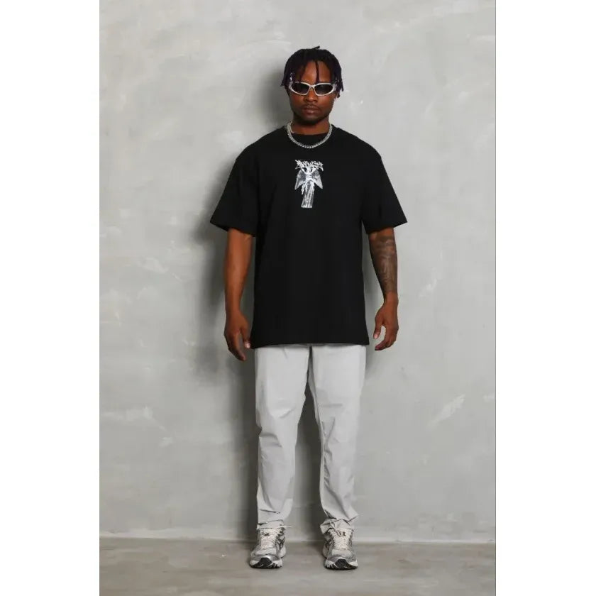 Erkek Baskılı T-Shirt Kısa Kol Bisiklet Yaka Regular Fit Rahat Kalıp Günlük Tişört - Siyah