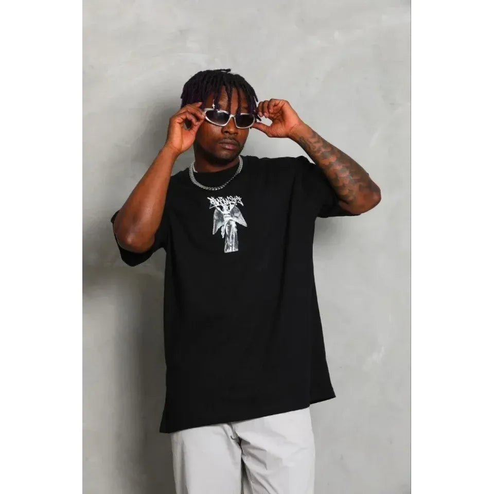 Erkek Baskılı T-Shirt Kısa Kol Bisiklet Yaka Regular Fit Rahat Kalıp Günlük Tişört - Siyah