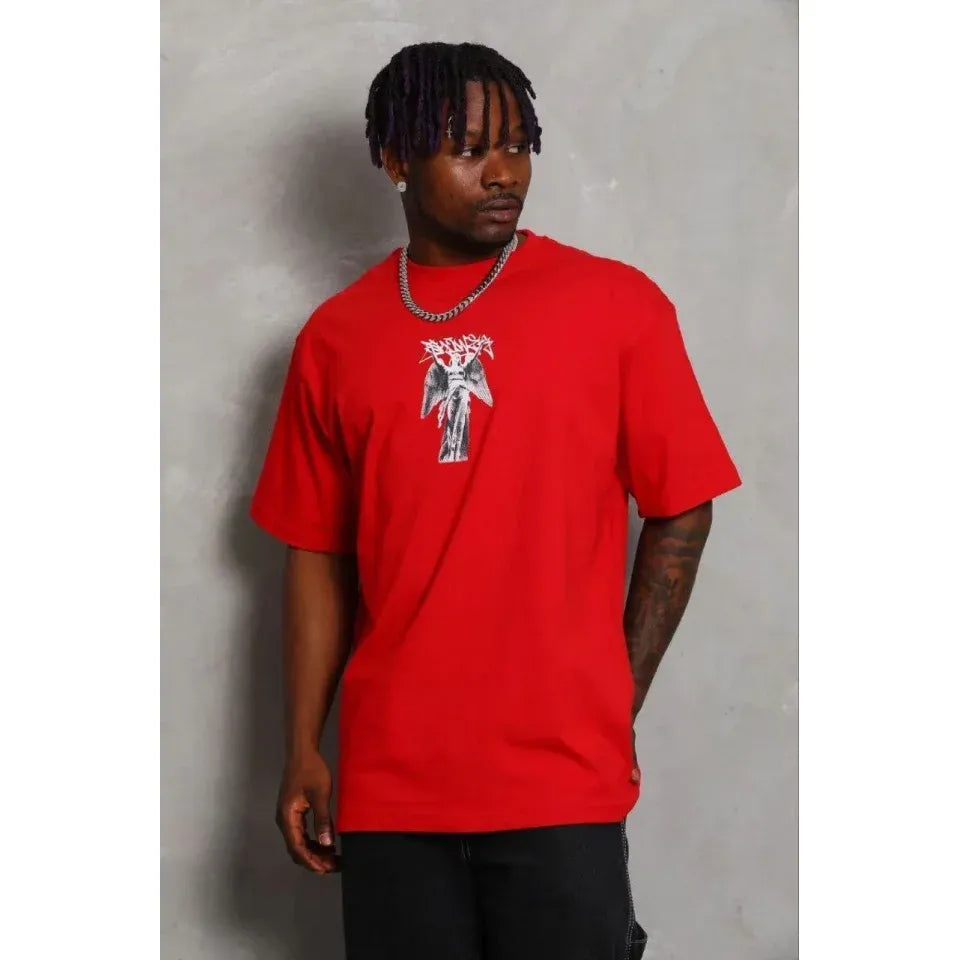 Erkek Baskılı T-Shirt Kısa Kol Bisiklet Yaka Regular Fit Rahat Kalıp Günlük Tişört - Kırmızı