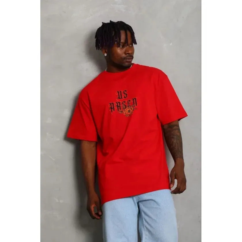 Erkek Baskılı T-Shirt Kısa Kol Bisiklet Yaka Regular Fit Rahat Kalıp Günlük Tişört - Kırmızı