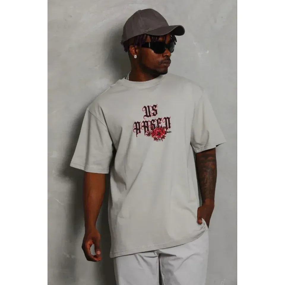 Erkek Baskılı T-Shirt Kısa Kol Bisiklet Yaka Regular Fit Rahat Kalıp Günlük Tişört - Gri