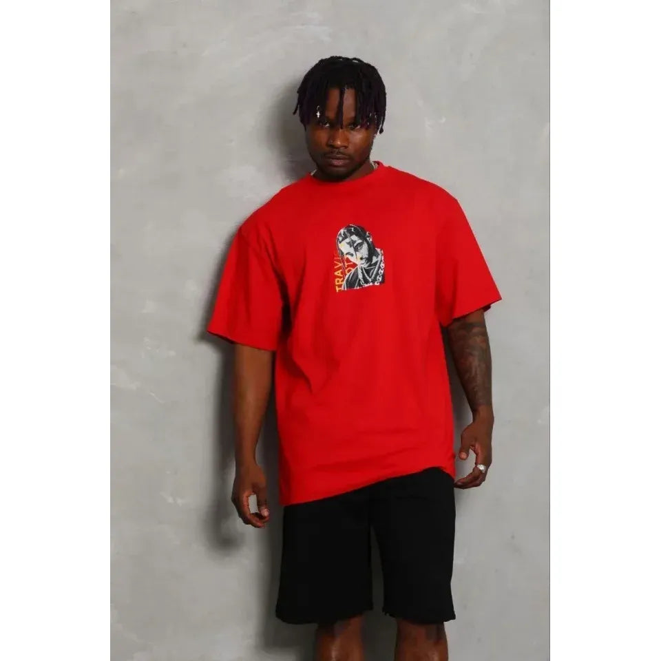 Erkek Baskılı T-Shirt Kısa Kol Bisiklet Yaka Regular Fit Rahat Kalıp Günlük Tişört - Kırmızı