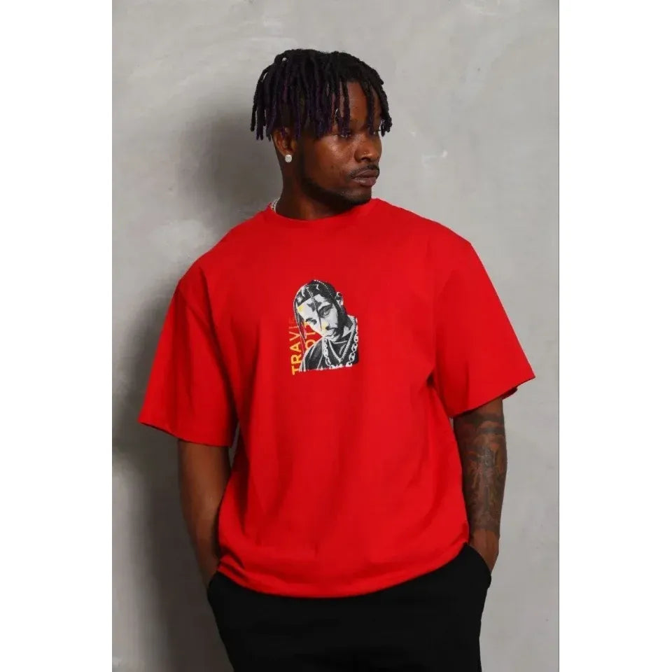 Erkek Baskılı T-Shirt Kısa Kol Bisiklet Yaka Regular Fit Rahat Kalıp Günlük Tişört - Kırmızı