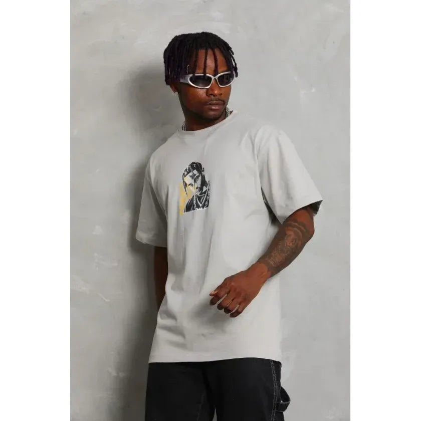 Erkek Baskılı T-Shirt Kısa Kol Bisiklet Yaka Regular Fit Rahat Kalıp Günlük Tişört - Gri
