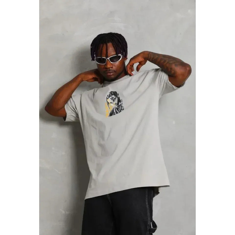 Erkek Baskılı T-Shirt Kısa Kol Bisiklet Yaka Regular Fit Rahat Kalıp Günlük Tişört - Gri