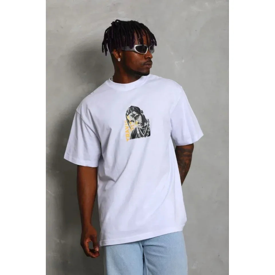 Erkek Baskılı T-Shirt Kısa Kol Bisiklet Yaka Regular Fit Rahat Kalıp Günlük Tişört - Beyaz