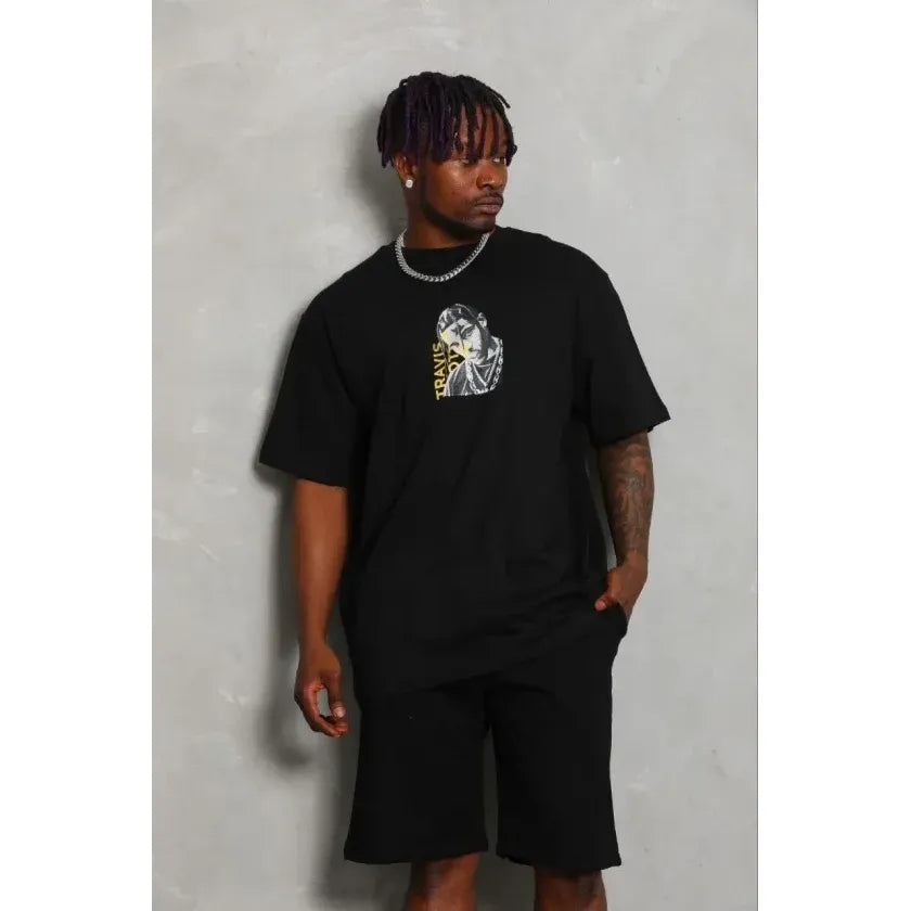 Erkek Baskılı T-Shirt Kısa Kol Bisiklet Yaka Regular Fit Rahat Kalıp Günlük Tişört - Siyah
