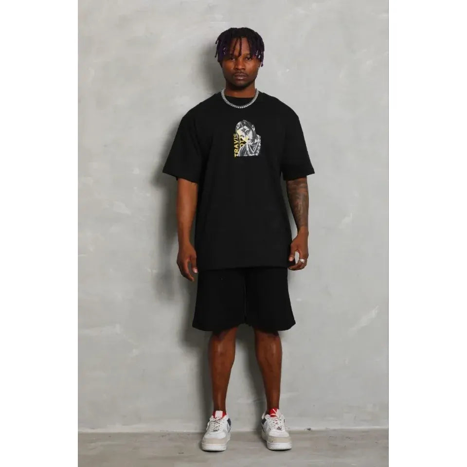 Erkek Baskılı T-Shirt Kısa Kol Bisiklet Yaka Regular Fit Rahat Kalıp Günlük Tişört - Siyah