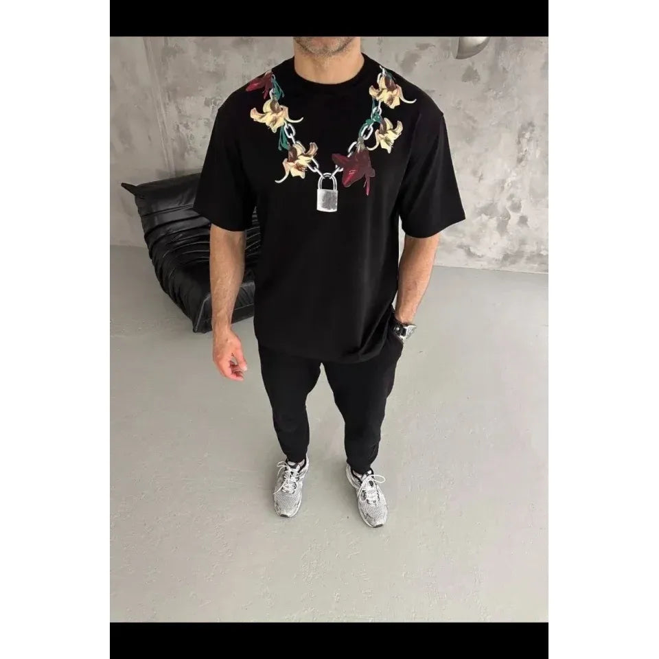 Erkek Baskılı T-Shirt Kısa Kol Bisiklet Yaka Regular Fit Rahat Kalıp Günlük Tişört - Siyah