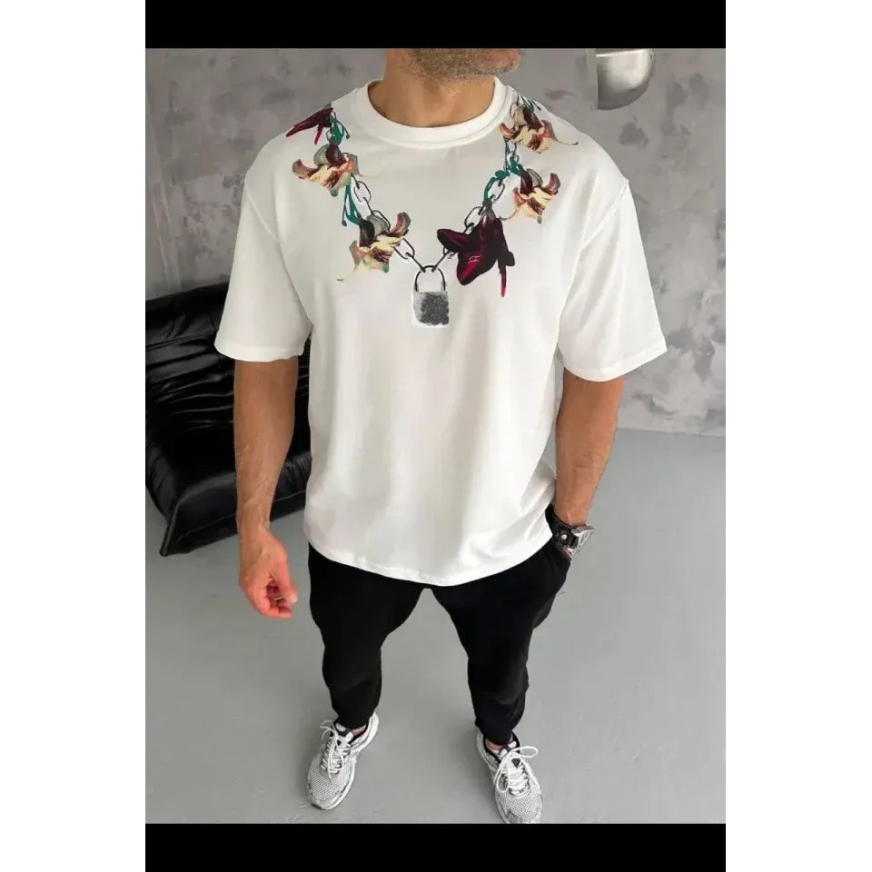 Erkek Baskılı T-Shirt Kısa Kol Bisiklet Yaka Regular Fit Rahat Kalıp Günlük Tişört - Beyaz