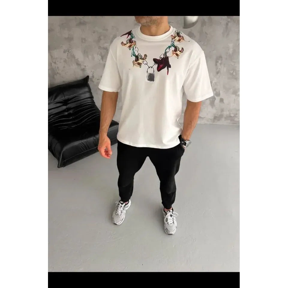 Erkek Baskılı T-Shirt Kısa Kol Bisiklet Yaka Regular Fit Rahat Kalıp Günlük Tişört - Beyaz