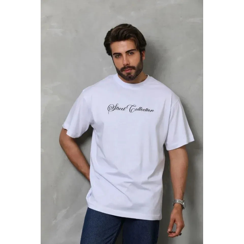 Erkek Baskılı T-Shirt Kısa Kol Bisiklet Yaka Regular Fit Rahat Kalıp Günlük Tişört - Beyaz
