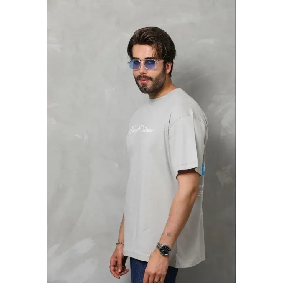 Erkek Baskılı T-Shirt Kısa Kol Bisiklet Yaka Regular Fit Rahat Kalıp Günlük Tişört - Gri