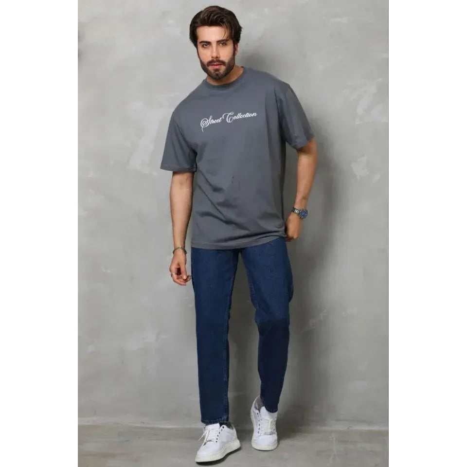Erkek Baskılı T-Shirt Kısa Kol Bisiklet Yaka Regular Fit Rahat Kalıp Günlük Tişört - Füme
