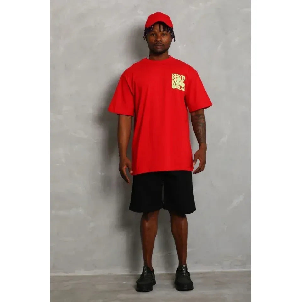Erkek Baskılı T-Shirt Kısa Kol Bisiklet Yaka Regular Fit Rahat Kalıp Günlük Tişört - Kırmızı