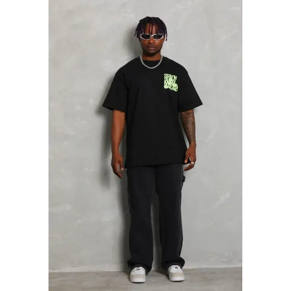 Erkek Baskılı T-Shirt Kısa Kol Bisiklet Yaka Regular Fit Rahat Kalıp Günlük Tişört - Siyah