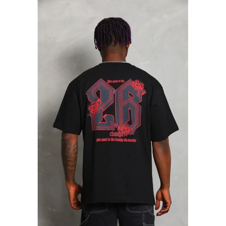 Erkek Baskılı Tişort Kısa Kol Bisiklet Yaka Ovarsize T-Shirt - Siyah