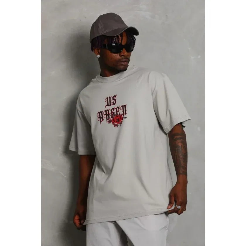 ERKEK Oversize Baskılı Bisiklet Yaka T-Shirt - Gri