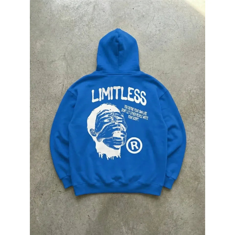 Erkek Premium Baskılı Kapşonlu Sweatshirt Üç İplik İçi Pamuklu Kanguru Cepli - Saks Mavisi