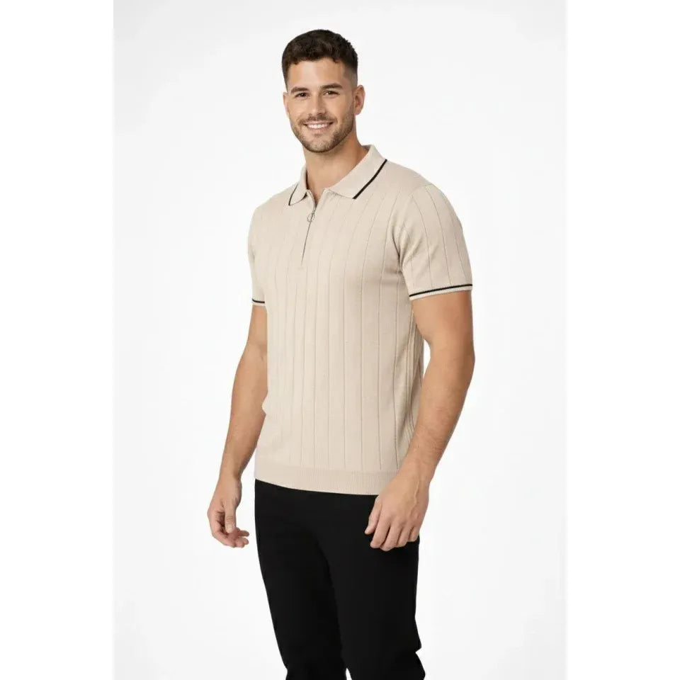 Erkek Dokuma Triko Tişört Fermuar Yakalı Yazlık Kısa Kol T-Shirt 2’li Set Bej-Beyaz