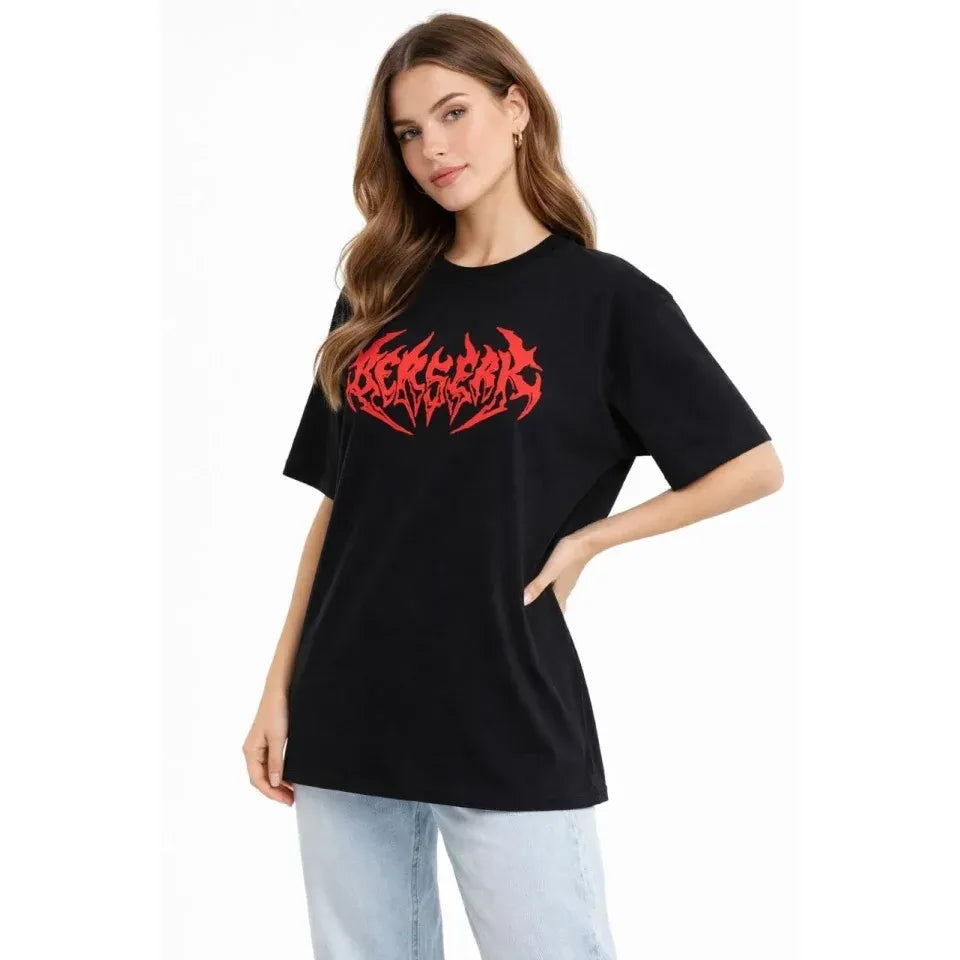 Baskılı T-Shirt Yazlık Kısa Kol Bisiklet Yaka Rahat Kalıp Tişört - Siyah