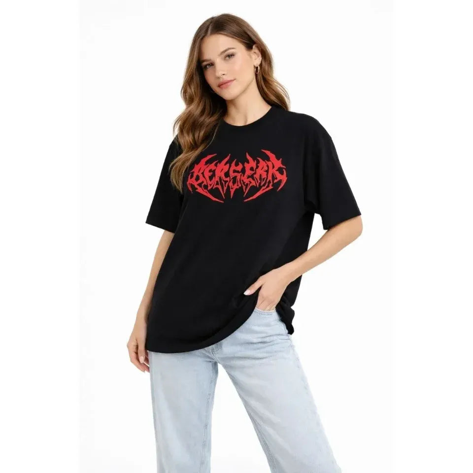 Baskılı T-Shirt Yazlık Kısa Kol Bisiklet Yaka Rahat Kalıp Tişört - Siyah