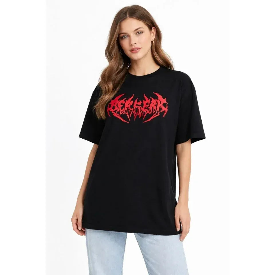 Baskılı T-Shirt Yazlık Kısa Kol Bisiklet Yaka Rahat Kalıp Tişört - Siyah