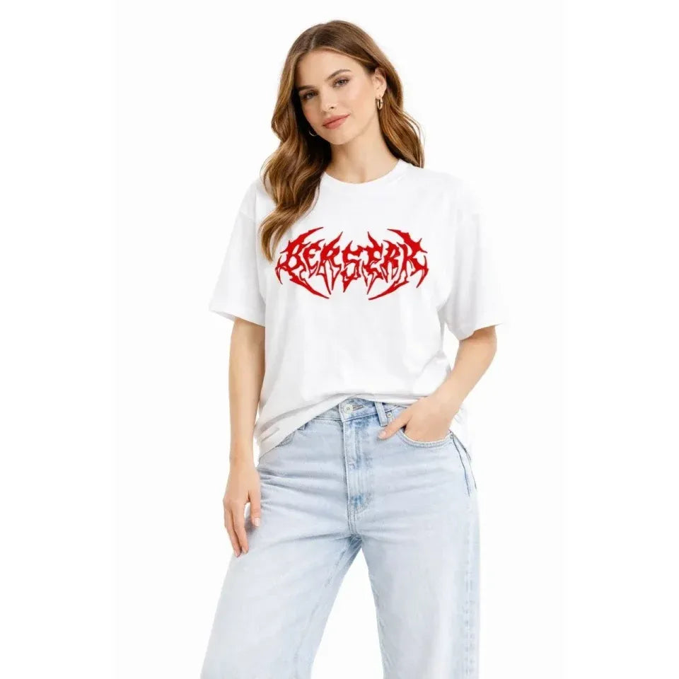 Baskılı T-Shirt Yazlık Kısa Kol Bisiklet Yaka Rahat Kalıp Tişört - Beyaz