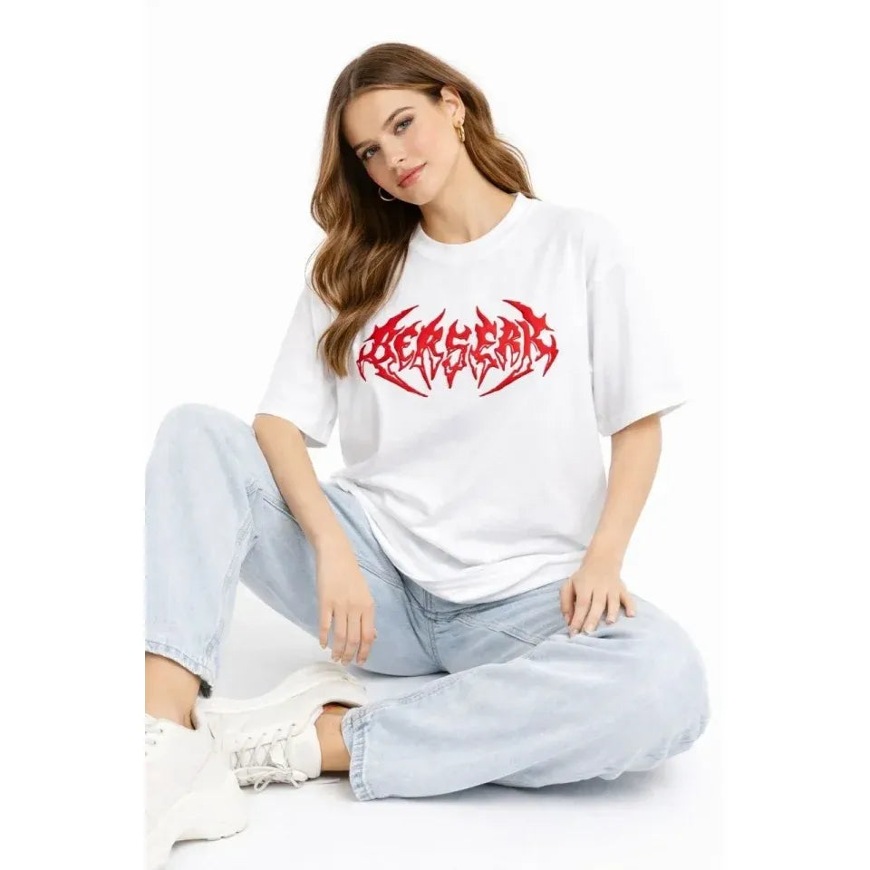 Baskılı T-Shirt Yazlık Kısa Kol Bisiklet Yaka Rahat Kalıp Tişört - Beyaz
