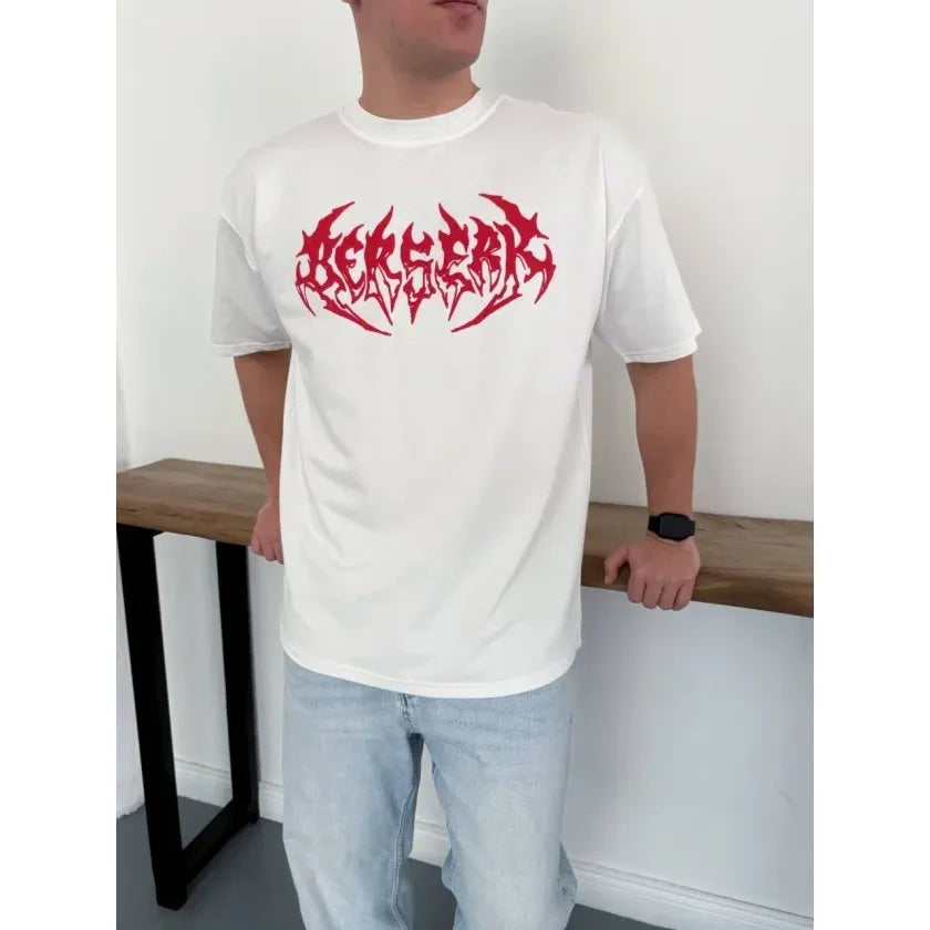 Erkek Baskılı T-Shirt Yazlık Kısa Kol Bisiklet Yaka Rahat Kalıp Tişört - Beyaz