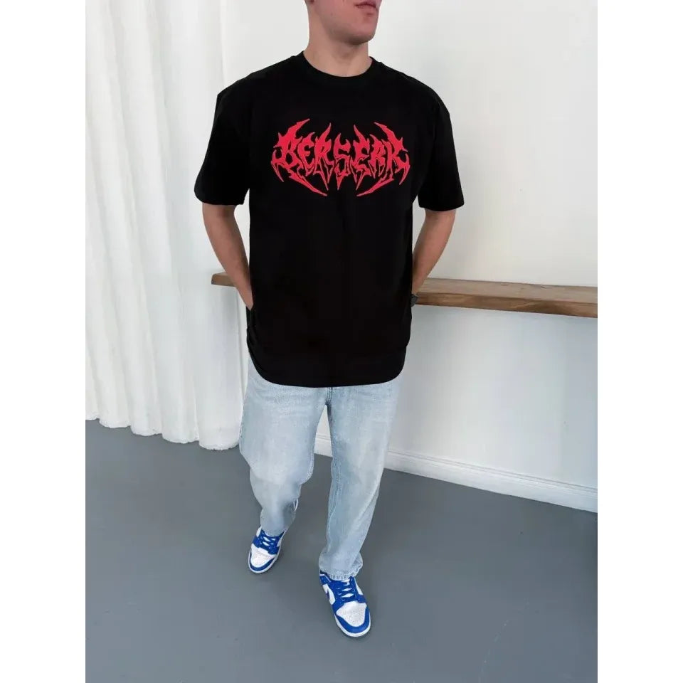 Erkek Baskılı T-Shirt Yazlık Kısa Kol Bisiklet Yaka Rahat Kalıp Tişört - Siyah