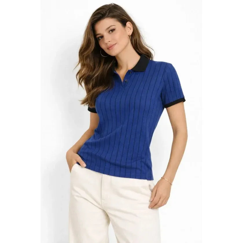 Polo Yaka Çizgili Tişört Kısa Kol Düğmeli Yazlık T-Shirt - Saks Mavisi