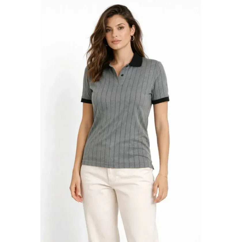 Polo Yaka Çizgili Tişört Kısa Kol Düğmeli Yazlık T-Shirt - Gri